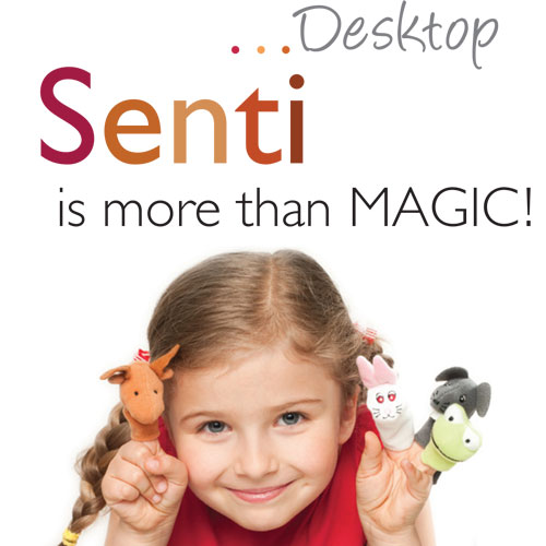 Kind mit Tierhandpuppen neben einem Hinweis auf SENTI Desktop MAGIC Audiometrie